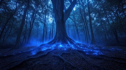 A majestic tree with glowing blue roots shines in a dark forest. Mystical light illuminates the surroundings, creating an enchanting atmosphere.