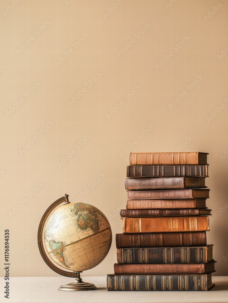 Aufkleber classic globe alongside neatly stacked travel guidebooks for exploring new destinations. generative 