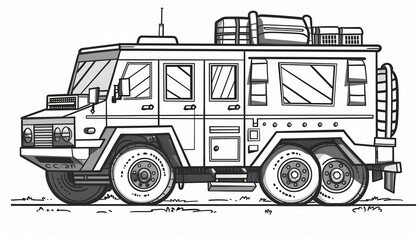 A rugged six-wheeled off-road vehicle perfect for adventurous safaris or exploring challenging terrains. Ideal for coloring books, travel posters, or adventure-themed designs.