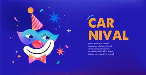 Fototapeta premium Carnival, Purim and circus banner background with colorful clown mask