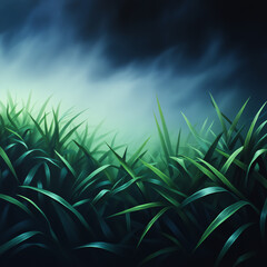 Fototapeta premium A close-up view of lush green grass illuminated by mist, creating a mystical atmosphere for nature lovers and serene environments.