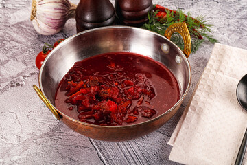 Homemade red soup Borsch with cabbage