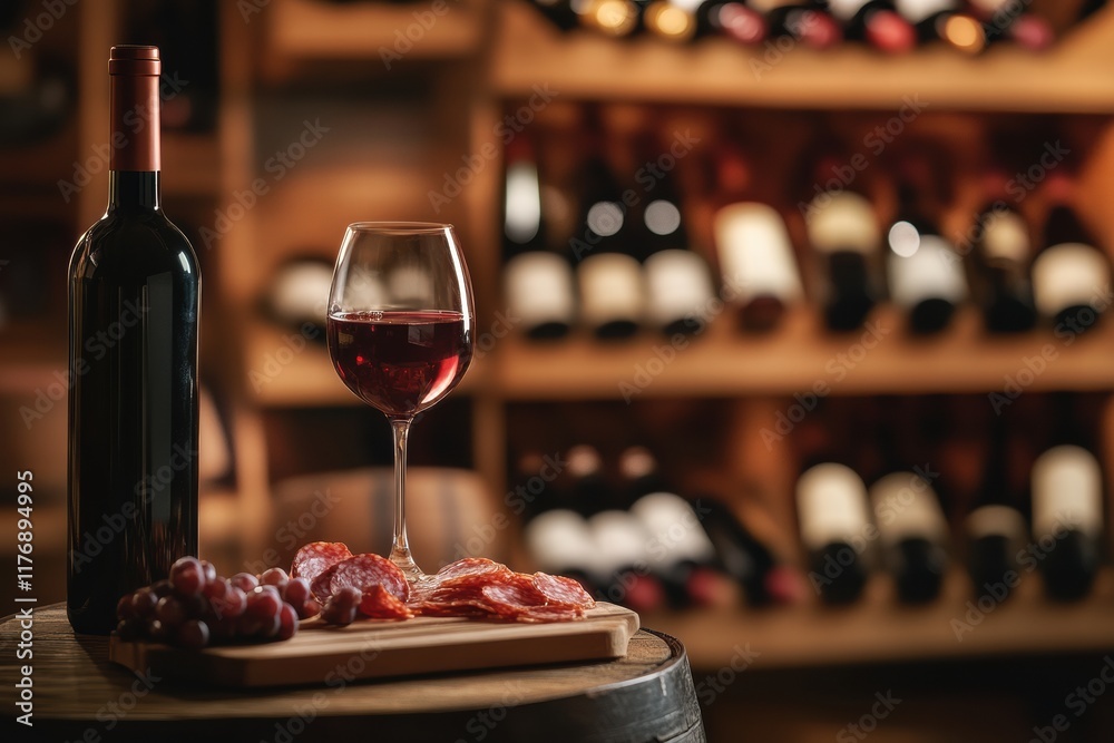 Aufkleber elegant wine cellar featuring vintage bottles with a tasting table and charcuterie selection. genera
