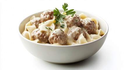 A gourmet presentation of meatball stroganoff in a small porcelain bowl, isolated with artistic garnish and minimal shadows