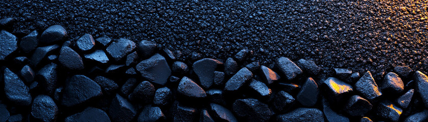 A close-up view of smooth, dark pebbles scattered on the ground, showcasing natural textures and shadows in the soft light.