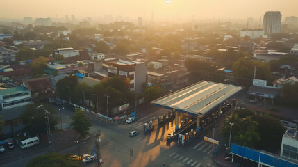 Fototapeta premium Aerial view of a modern cityscape at sunrise with toll booths and vehicles in the foreground, showcasing urban life and transportation system. City development and infrastructure concepts.
