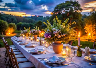 Festive Restaurant Banquet Setup: Oaken Table, White Tableware, Floral Decor