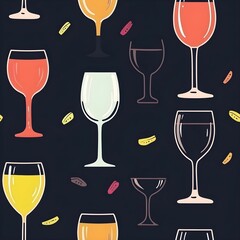 Colorful seamless pattern of various drink glasses on a dark background for creative design purposes