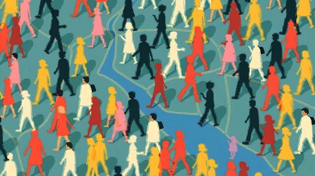 Diverse people traverse a world map, depicting global migration due to economic, crisis, war, and environmental factors