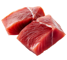 Fresh raw tuna cut into pieces isolated background.