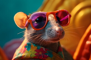 A trendy rat wearing reflective sunglasses, set against a vibrant orange background, exuding a fun and stylish vibe