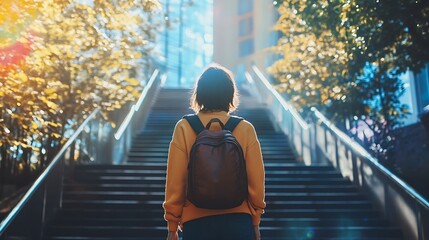 A young person with a backpack, standing at the foot of a staircase leading into a university building, symbolizing the start of a journey towards life goals