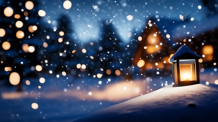 Fototapeta premium A cozy winter evening scene featuring a glowing lantern amidst falling snowflakes and distant warm lights in a snowy landscape.