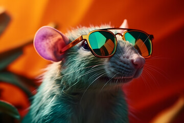 A trendy rat wearing reflective sunglasses, set against a vibrant orange background, exuding a fun and stylish vibe