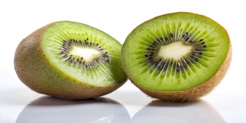 Fototapeta premium Vibrant, high-resolution image: fresh kiwi slices, isolated on a pristine white reflective surface.