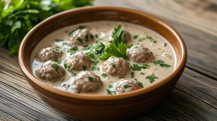 A rustic setting with meatball stroganoff served in a clay pot, isolated on a rough wooden background with sprigs of parsley