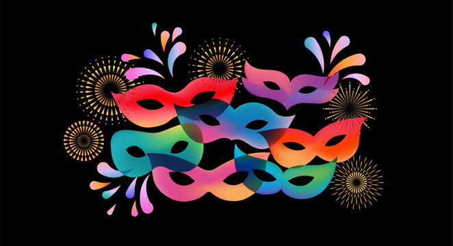 recommend clip art: Carnival banner with colorful masks and fireworks. Modern vector background