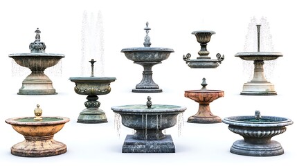 stone fountains are displayed on a white background. These decorative water features show a range of basin styles and heights.
