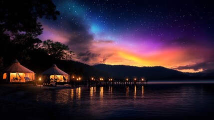 Magical Night at Lakeside Tents under Starry Sky