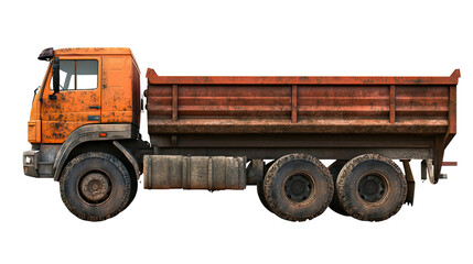 Rusty Orange Dump Truck: Side profile of a weathered orange dump truck, showcasing its robust build and industrial character. Perfect for construction, logistics, and transportation imagery.