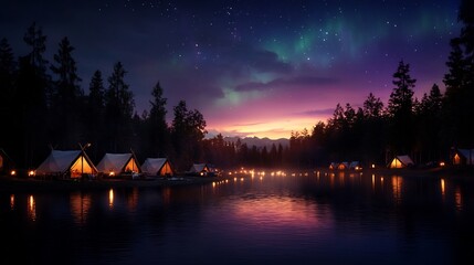 Fototapeta premium Enchanted Lakeside Camping Under the Aurora Borealis