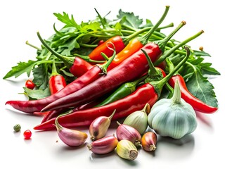 Low Light Chili Pepper & Arugula Photo - Spicy Food Photography, Garlic, White Background