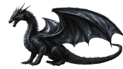 Black Dragon Fantasy: A majestic black dragon with formidable wings and a piercing gaze, poised for flight or battle. This digital painting is a captivating image of mythical power and ancient lore. 