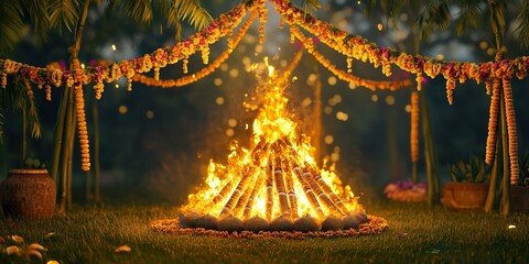 A Beautifully Decorated Lohri Bonfire with Sugarcane Stalks and Garlands: Perfect for Festive Celebrations