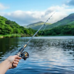 Hand holding fishing rod by calm lake with mountains in background.