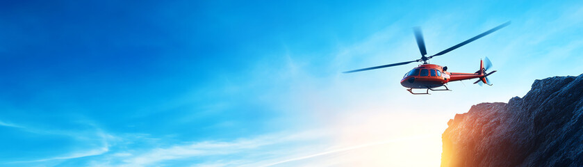 A helicopter soars through the clear blue sky, capturing the essence of adventure and exploration in a breathtaking landscape.