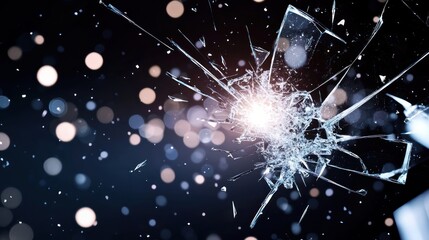 A close-up of shattered glass with sparkling light effects.