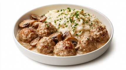 Meatball stroganoff served with a side of sauteed mushrooms, isolated with a soft shadow for a realistic feel