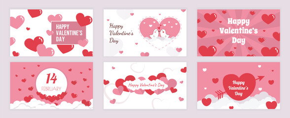 Valentines Day cover typography templates set for social media. Greeting cards design with happy holiday, bird couple kiss, 14 february in cloud, cupid arrow, heart ornates. Vector illustration.