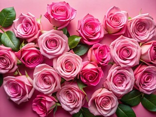 Fresh Pink Roses Flat Lay, Top View, Floral Background, Copy Space, Pink Table