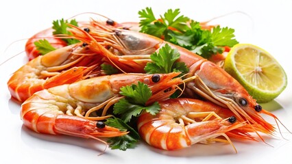 Fresh Raw Shrimp Prawn Isolated on White Background - Macro Photography