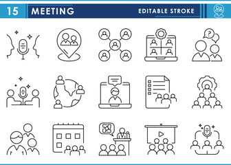 A set of line icons related to meeting. Meet, location, online, chat, podcast, document, planning, unity, scheduled, conference, and so on. Vector editable stroke.