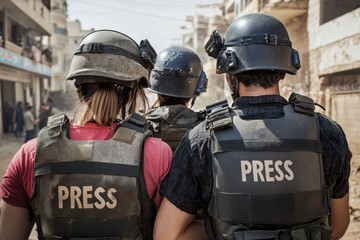 A rear view of male and female journalists working as war correspondents in a conflict zone, wearing helmets and body armor, with their faces obscured. 