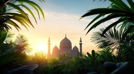 Sunset view of a mosque surrounded by lush greenery.