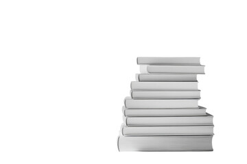 Stacked books in various sizes arranged neatly on a white background showcasing literary potential and knowledge