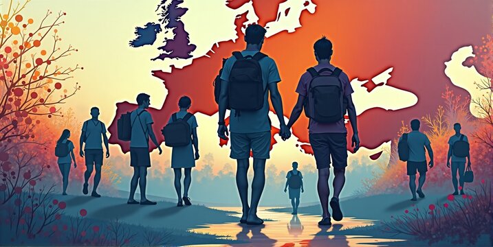 Diverse people traverse a world map, depicting global migration due to economic, crisis, war, and environmental factors