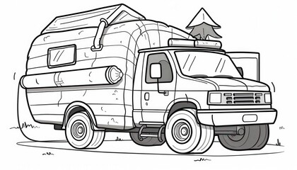 A quirky camper van made of logs. Perfect for coloring activities, children's books, or camping-themed designs.