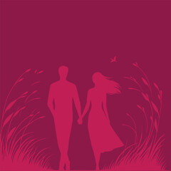 Young boy and girl are walking silhouette. Valentine's day concept background.