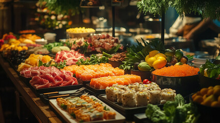 Obraz premium Vibrant array of fresh seafood and produce displayed at a bustling market buffet