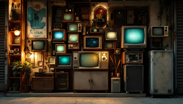 Escaparate de tienda con televisores antiguos