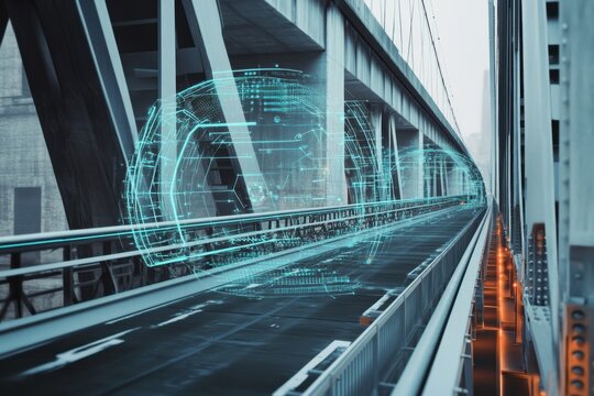 Modern technology overlays futuristic design on urban bridge structure - Powered by Adobe