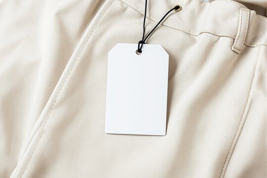 Blank white tag on beige fabric background, minimalistic style, showcasing an elegant template design concept for branding or labeling. Ai generative