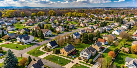 Aerial view of suburban houses in Columbus, Ohio, neighborhood, residential, homes, rooftop, streets, community