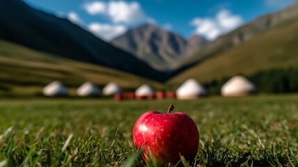 Red Apple in a Mountain Pasture with Yurts