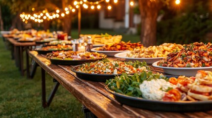 Obraz premium Food sharing with neighborhood concept. Outdoor buffet setup with a variety of delicious dishes and warm lighting.