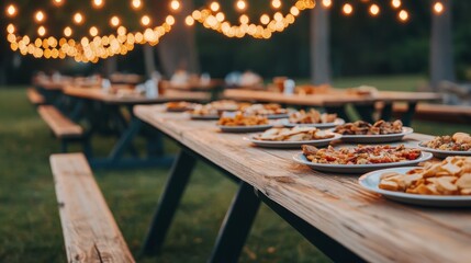Outdoor dining setup with plates of food and string lights overhead.